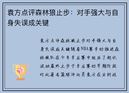 袁方点评森林狼止步：对手强大与自身失误成关键