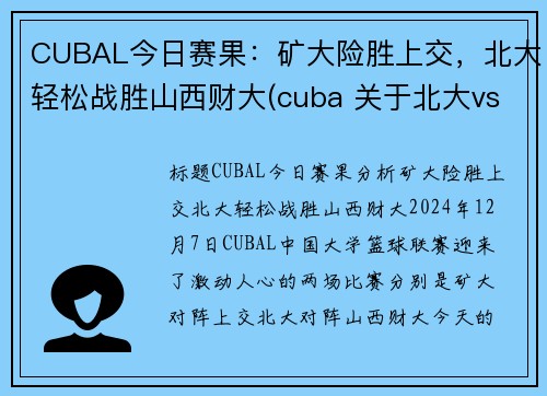 CUBAL今日赛果：矿大险胜上交，北大轻松战胜山西财大(cuba 关于北大vs矿大 声明)