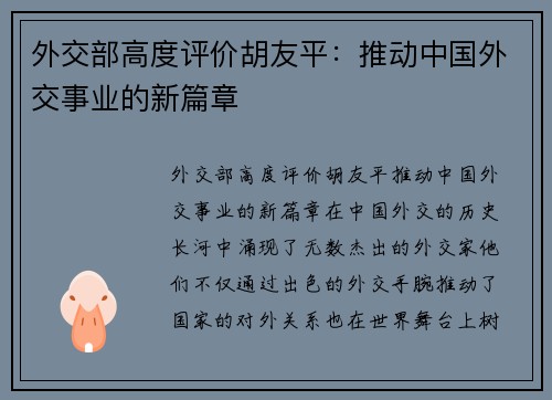 外交部高度评价胡友平：推动中国外交事业的新篇章