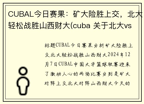 CUBAL今日赛果：矿大险胜上交，北大轻松战胜山西财大(cuba 关于北大vs矿大 声明)