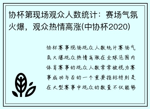 协杯第现场观众人数统计：赛场气氛火爆，观众热情高涨(中协杯2020)