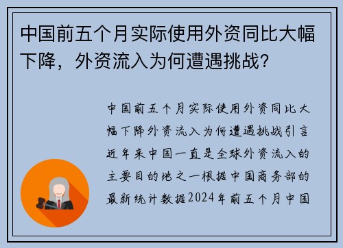 中国前五个月实际使用外资同比大幅下降，外资流入为何遭遇挑战？