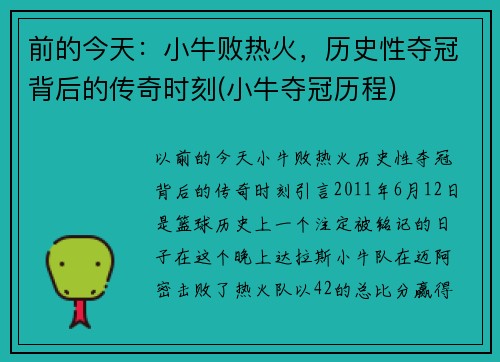 前的今天：小牛败热火，历史性夺冠背后的传奇时刻(小牛夺冠历程)