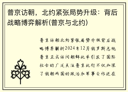 普京访朝，北约紧张局势升级：背后战略博弈解析(普京与北约)