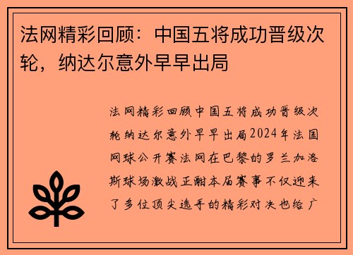 法网精彩回顾：中国五将成功晋级次轮，纳达尔意外早早出局