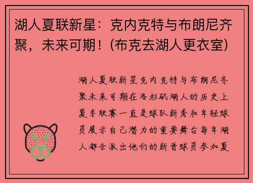 湖人夏联新星：克内克特与布朗尼齐聚，未来可期！(布克去湖人更衣室)