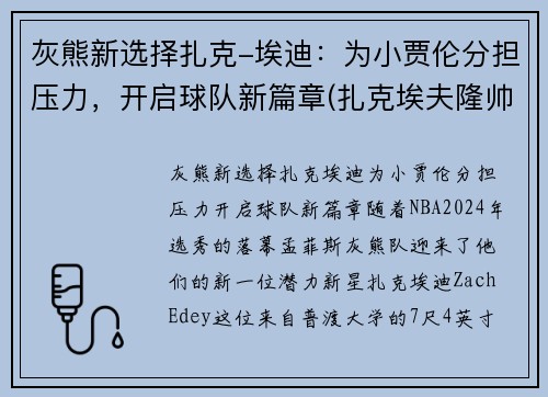 灰熊新选择扎克-埃迪：为小贾伦分担压力，开启球队新篇章(扎克埃夫隆帅)