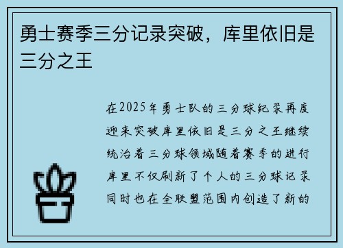 勇士赛季三分记录突破，库里依旧是三分之王
