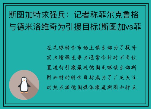 斯图加特求强兵：记者称菲尔克鲁格与德米洛维奇为引援目标(斯图加vs菲尔特)