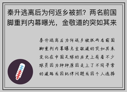 秦升逃离后为何返乡被抓？两名前国脚重判内幕曝光，金敬道的突如其来变化